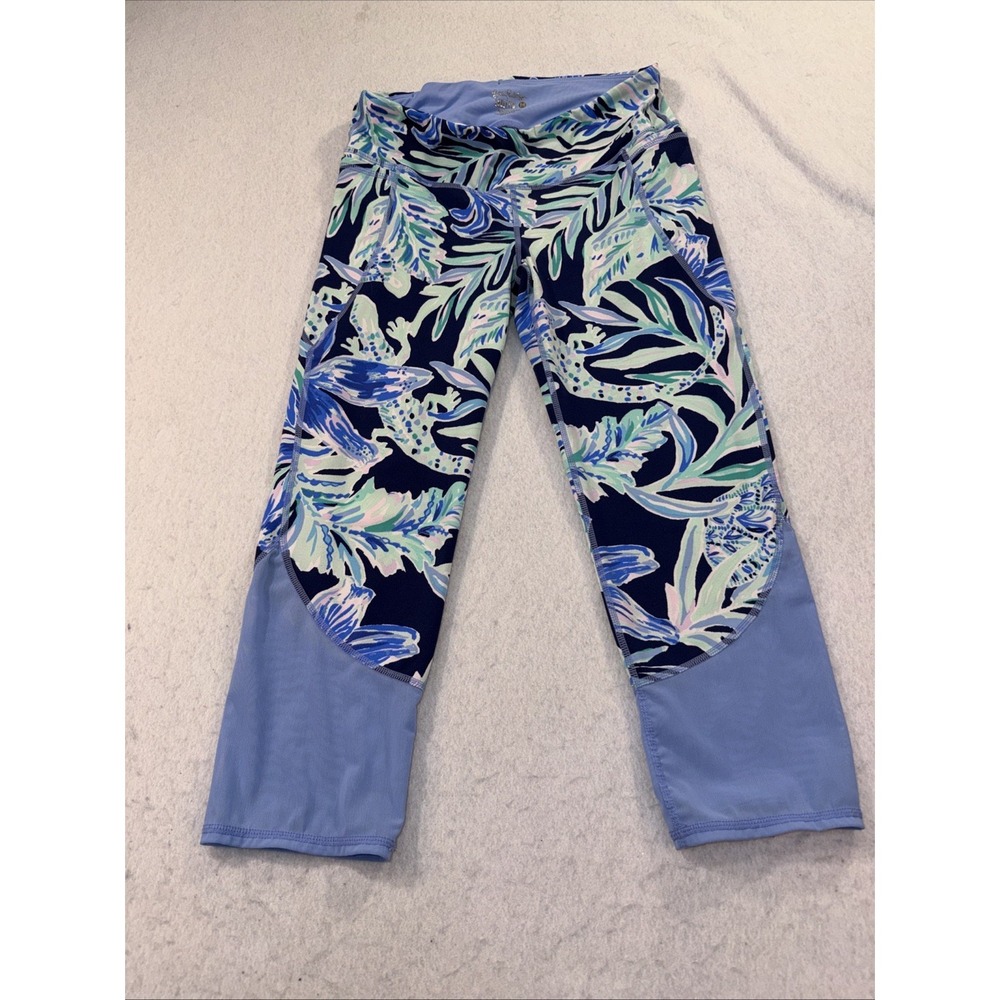 LILLY PULITZER LUXLETIC BLUE Tropical PRINT EXERCISE Cropped LEGGINGS SZ M EUC